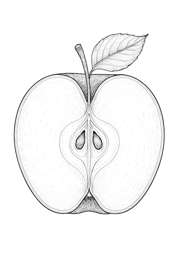 Coloring page of a detailed apple cut in half, showcasing seeds and a leaf