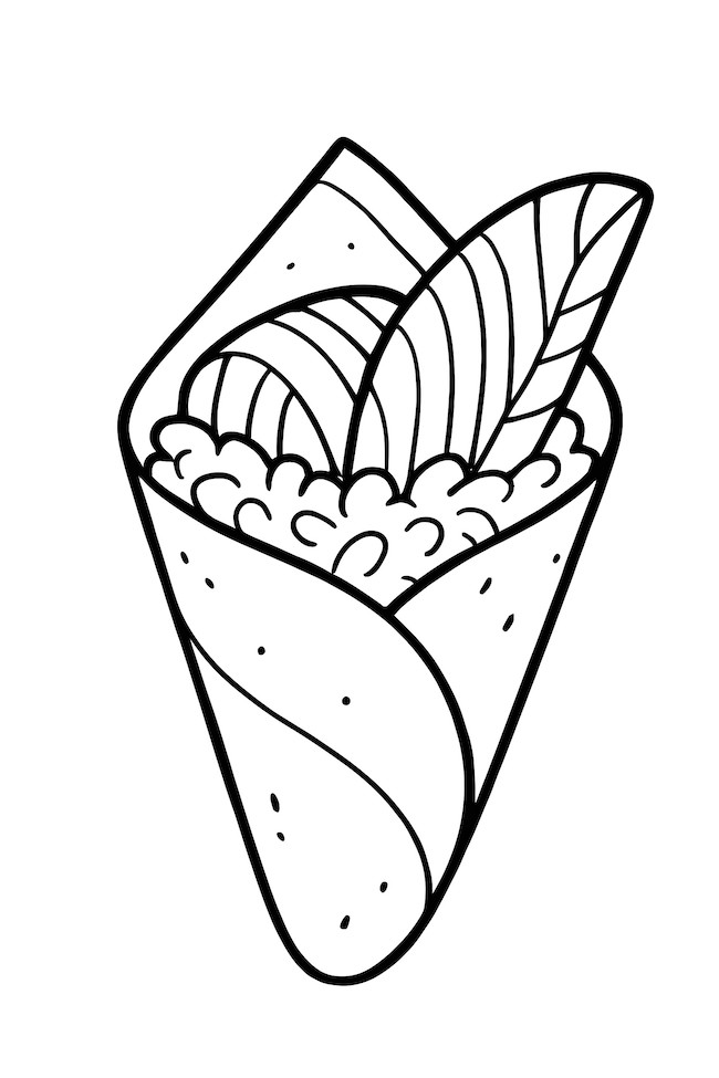 Coloring page of a detailed hand roll sushi with visible rice and fish sticking out.