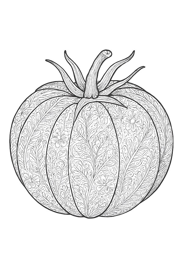 Coloring page of a large heirloom tomato featuring intricate skin patterns and a detailed stem