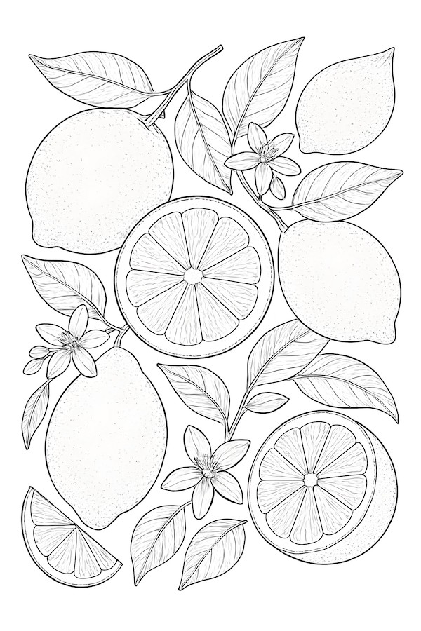 Coloring page featuring detailed illustrations of lemons, lemon slices, and leaves with floral accents