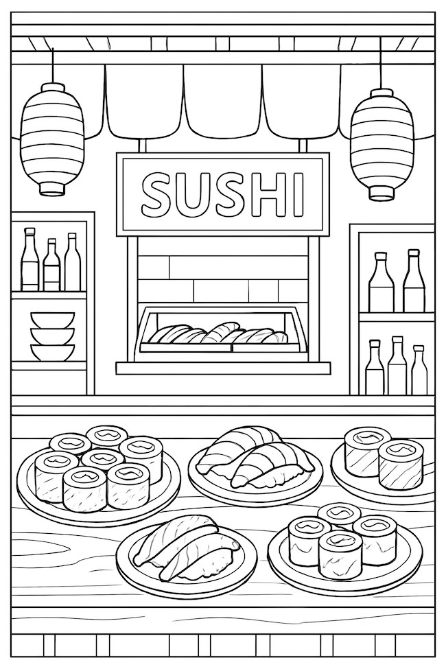 Coloring page of a sushi bar featuring various plates of sushi, a sign reading 'SUSHI', and additional display items