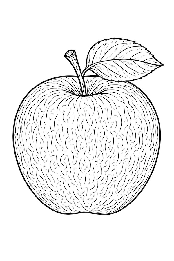 Coloring page of an apple featuring intricate skin textures and a leaf atop the stem