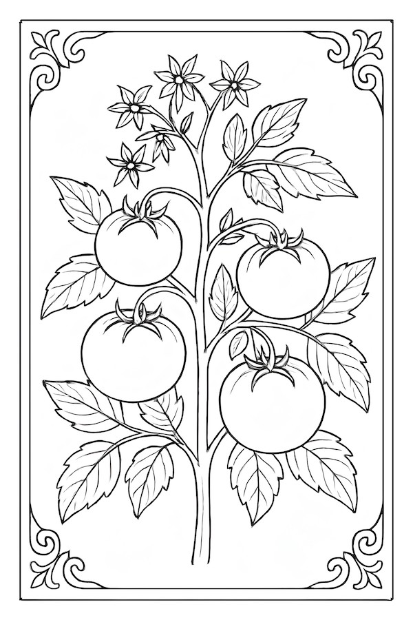 Coloring page of a tomato plant with ripe tomatoes, leaves, and flowers
