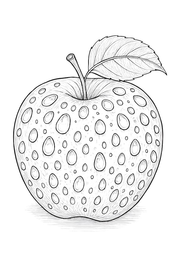 Coloring page of a glossy apple covered in dewdrops with a green leaf