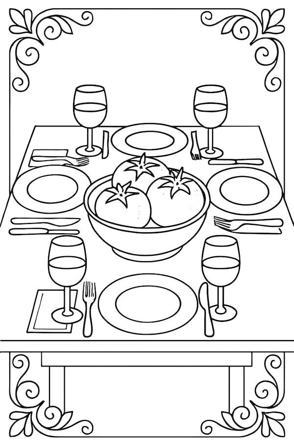 Coloring page of a dining table set with plates, cutlery, glasses, and a bowl of tomatoes as the centerpiece