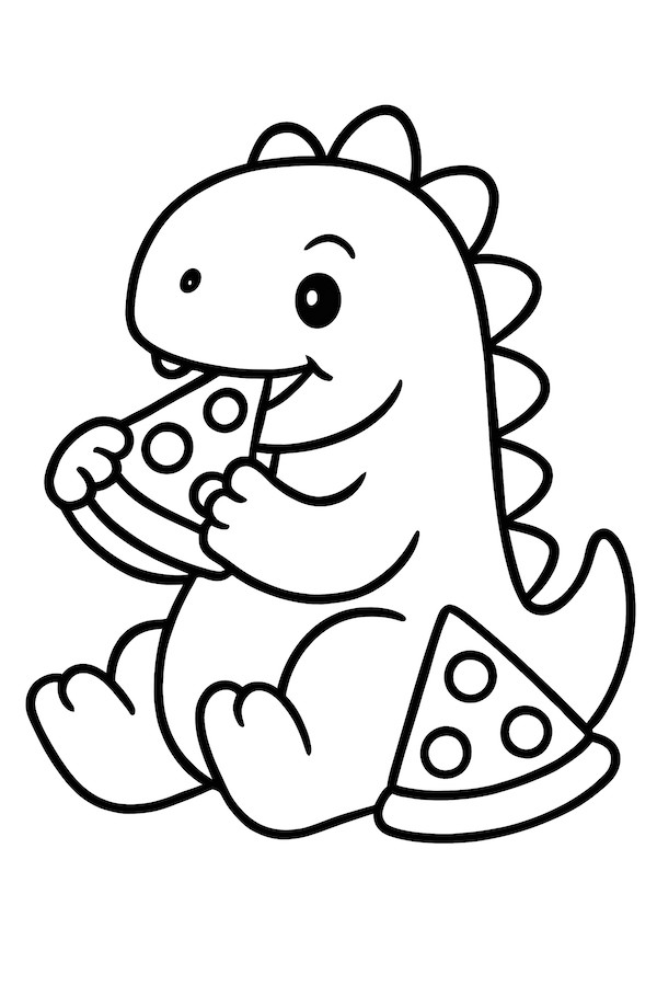 Coloring page of a cheerful dinosaur munching on a slice of pizza with another slice beside it