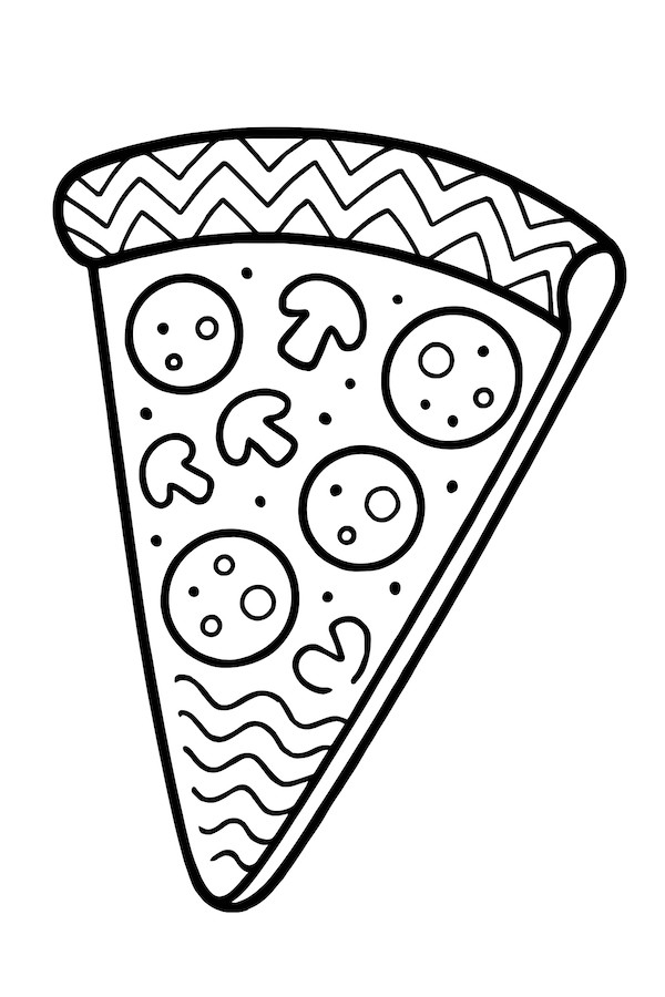 Coloring page of a pizza slice featuring various toppings and unique crust patterns