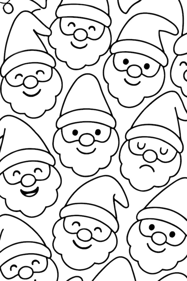 Coloring page of simple repeating gnome faces featuring various expressions and pointy hats