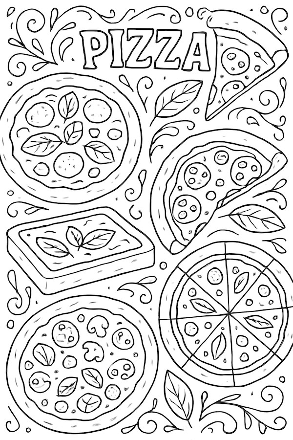 Coloring page of various pizza styles including round, square, and triangular slices with toppings and decorative leaves