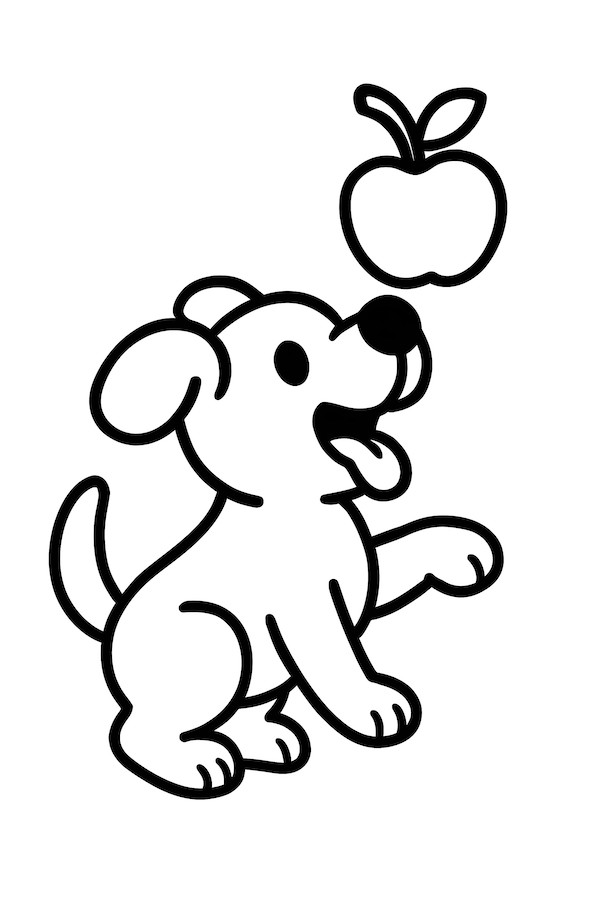 Coloring page of a playful dog catching an apple in mid-air with an excited expression