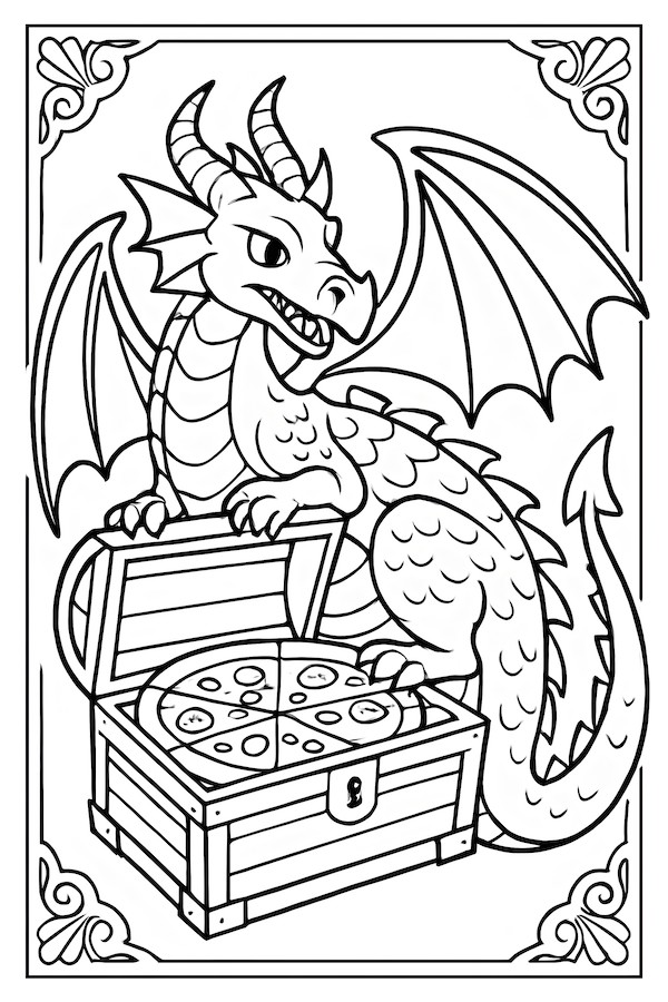 Illustration of a dragon with large wings standing over a treasure chest filled with pizza slices