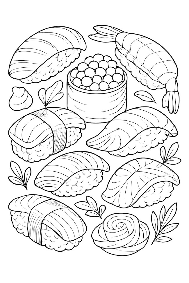 Coloring page featuring a variety of sushi, including nigiri, shrimp, and rolls, arranged with decorative elements