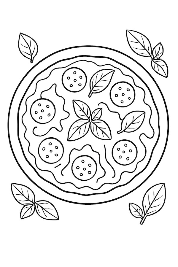 Coloring page of a pizza topped with extra cheese and basil leaves, featuring circular pepperoni slices