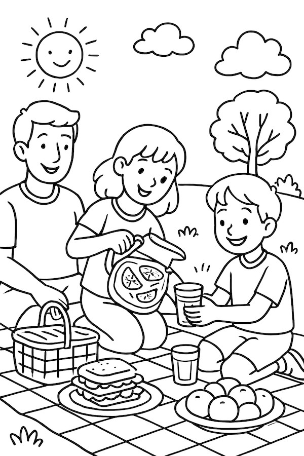 A family picnic scene featuring children pouring lemonade and enjoying food on a picnic blanket with a basket and trees in the background