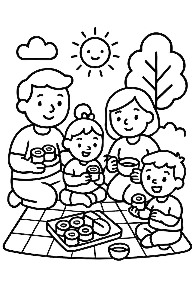 Family having a picnic in a park, enjoying sushi and drinks on a blanket under the sun
