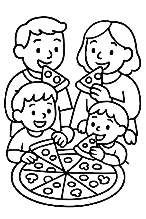 Coloring page of a family gathered around a large pizza, enjoying slices together with smiles on their faces