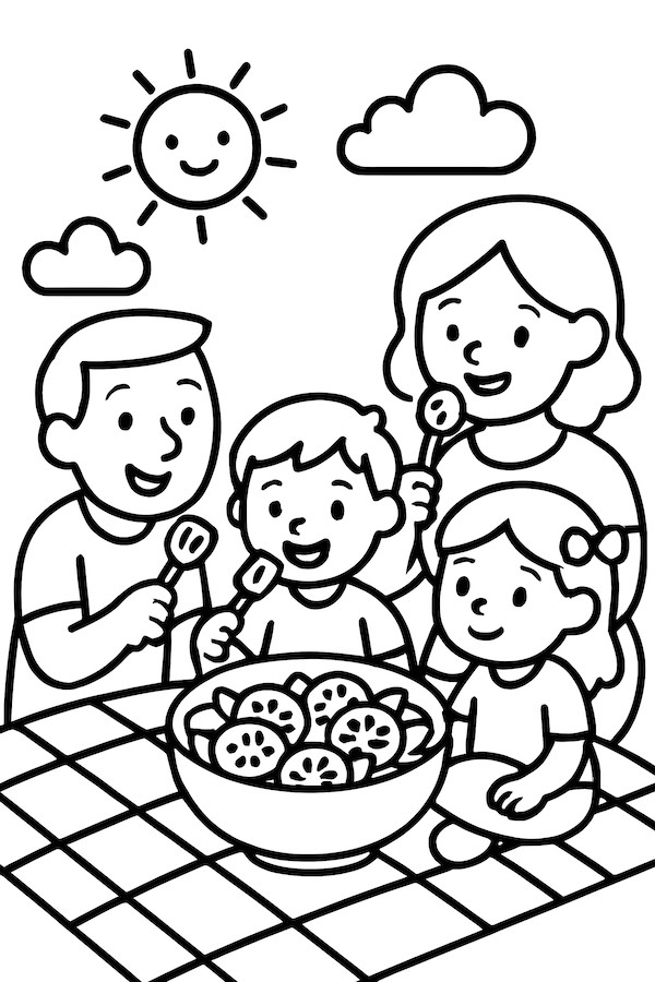Family of four enjoying a tomato salad at a picnic table under a smiling sun and clouds