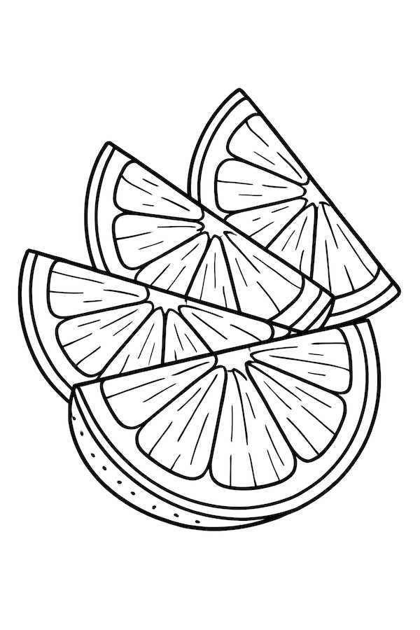 Coloring page of neatly fanned lemon wedges showing texture and segments