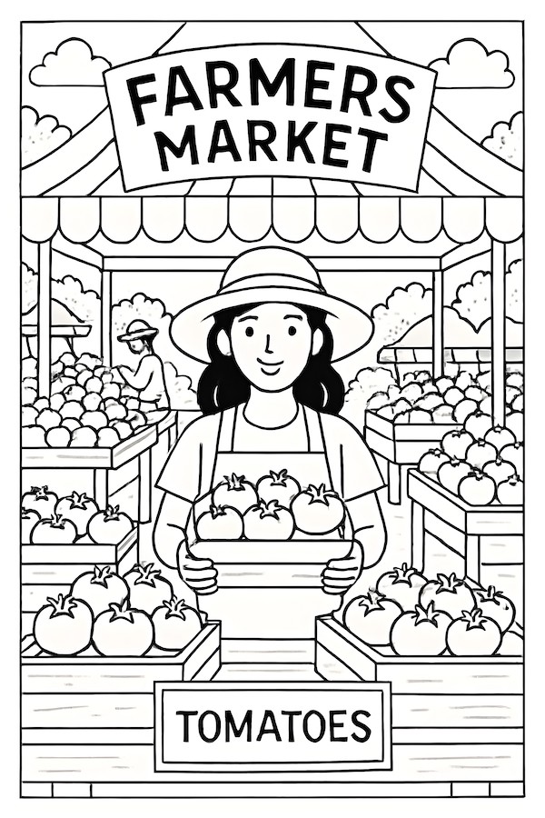 Coloring page of a farmer's market featuring a person holding a box of ripe tomatoes, with tables stacked with vegetables in the background