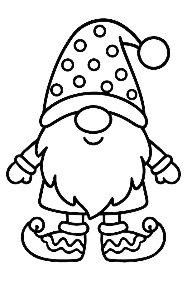 Coloring page of a gnome with a flowing beard, wearing a polka-dotted hat and festive slippers