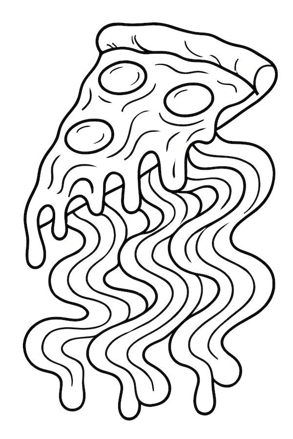 Coloring page depicting a pizza slice with three pepperoni pieces and continuous flowing cheese in a wavy pattern