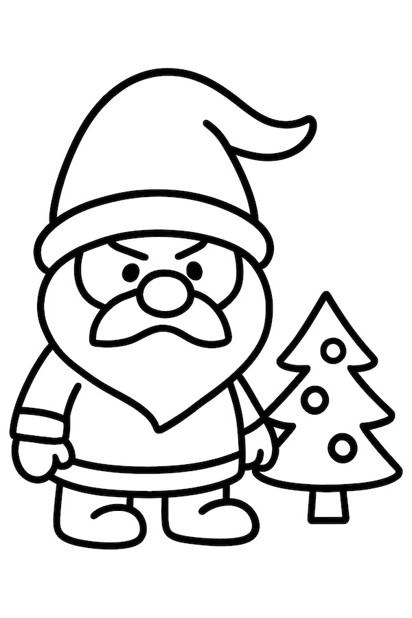 Coloring page of a focused gnome with a bushy beard, wearing a pointed hat, standing beside a tiny Christmas tree with ornaments