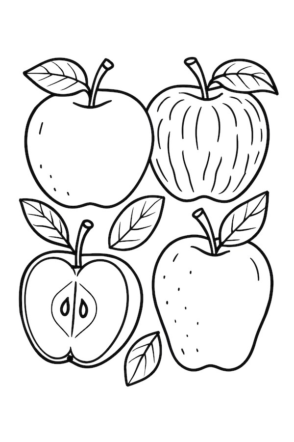 Coloring page featuring four different types of apples, each with unique shapes and leaves