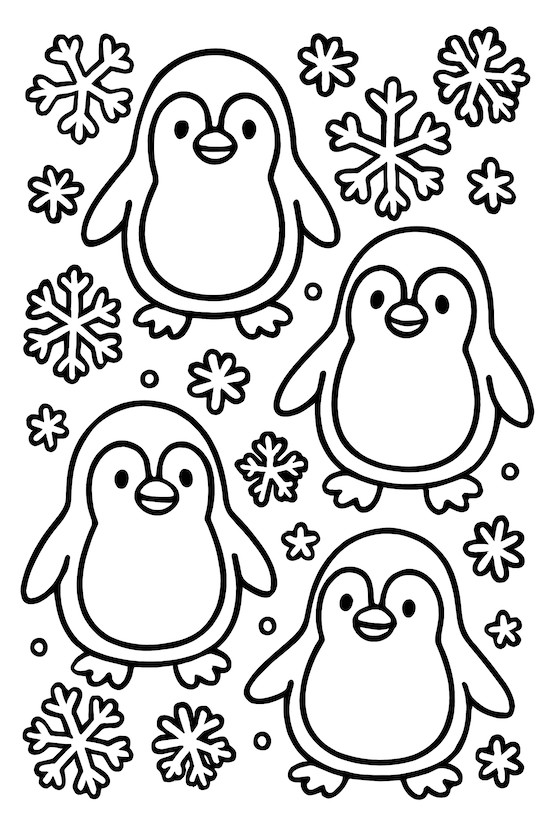 Coloring page featuring four simple penguins and various snowflakes in a playful arrangement