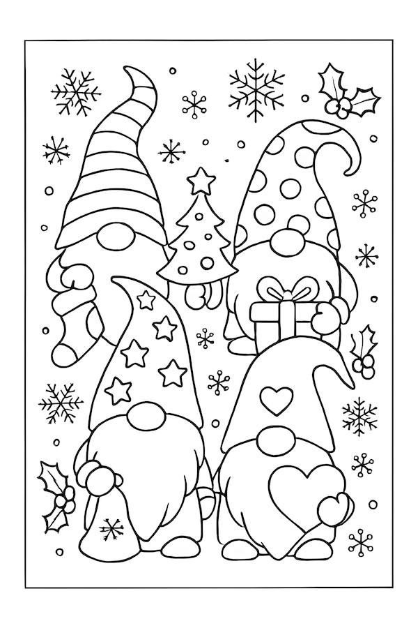 Collection of four gnomes in holiday attire with accessories like a Christmas tree, gift, and snowflakes