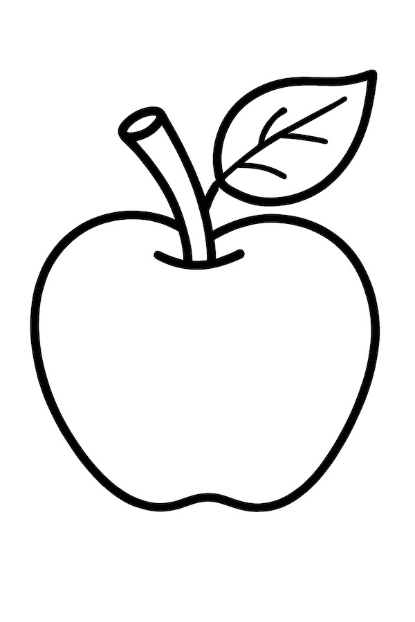 Coloring page of a small apple attached to a twig with a green leaf