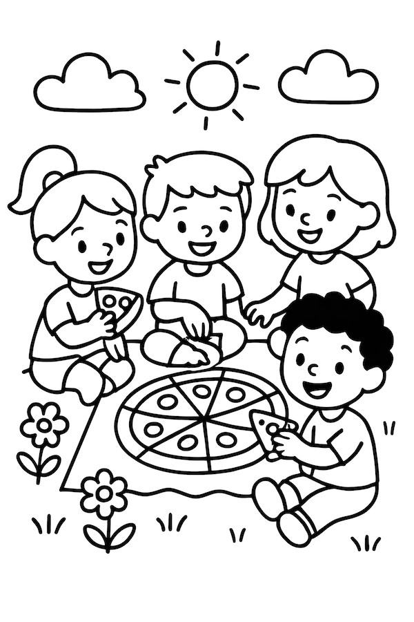 Coloring page of four friends sitting on a picnic blanket enjoying slices of pizza under the sun