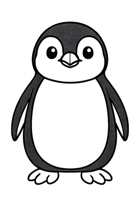 Coloring page of a front-facing penguin with a rounded body, flippers, and a small beak, designed in a Christmas theme