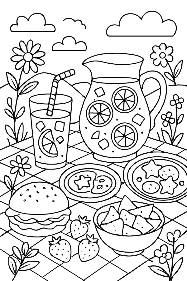 Coloring page depicting a picnic scene with a pitcher of lemonade, a glass with ice, summer snacks, and flowers in the background