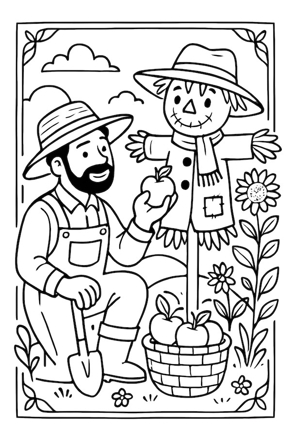 Coloring page of a gardener holding an apple next to a scarecrow and a basket of apples with flowers in the background
