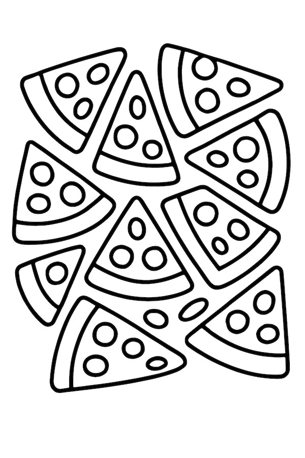 Coloring page of geometric pizza slices arranged in a repeating pattern with toppings