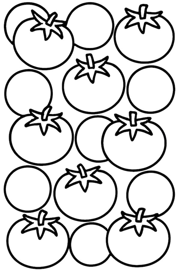 Coloring page featuring a geometric arrangement of alternating tomatoes and circles with defined outlines