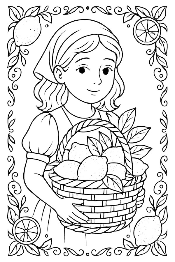 Coloring page depicting a young girl holding a basket filled with lemons, surrounded by decorative lemon motifs and vines