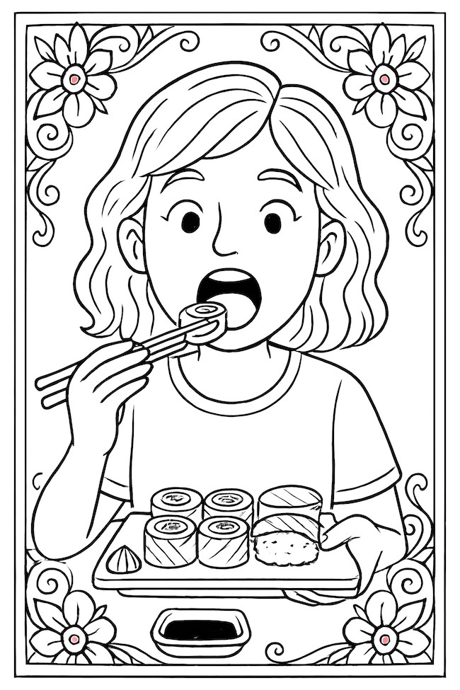 Coloring page of a girl holding sushi with chopsticks, surrounded by decorative flowers