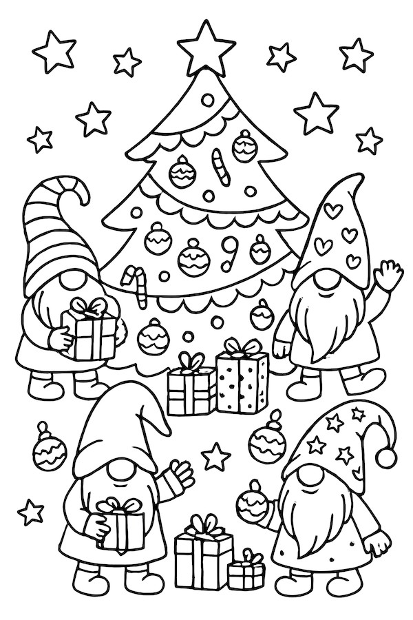 Coloring page of gnomes celebrating with a decorated Christmas tree, gifts, and festive ornaments