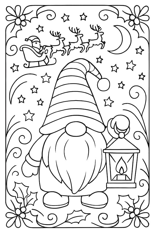 Coloring page of a gnome holding a lantern while Santa and his sleigh fly with reindeer in the background.