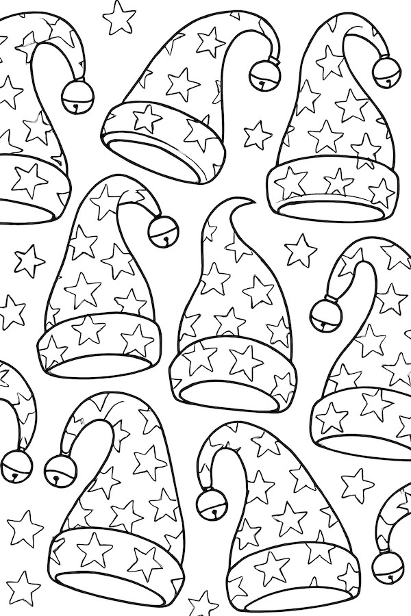 Coloring page featuring a pattern of gnome hats adorned with stars and bells