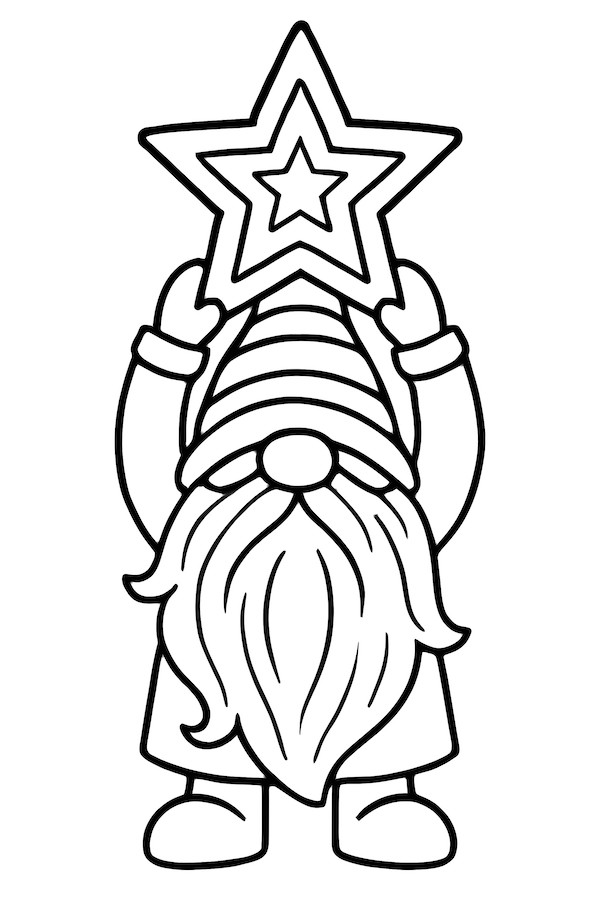 Gnome with a long beard holding a star overhead, wearing a striped hat and a robe