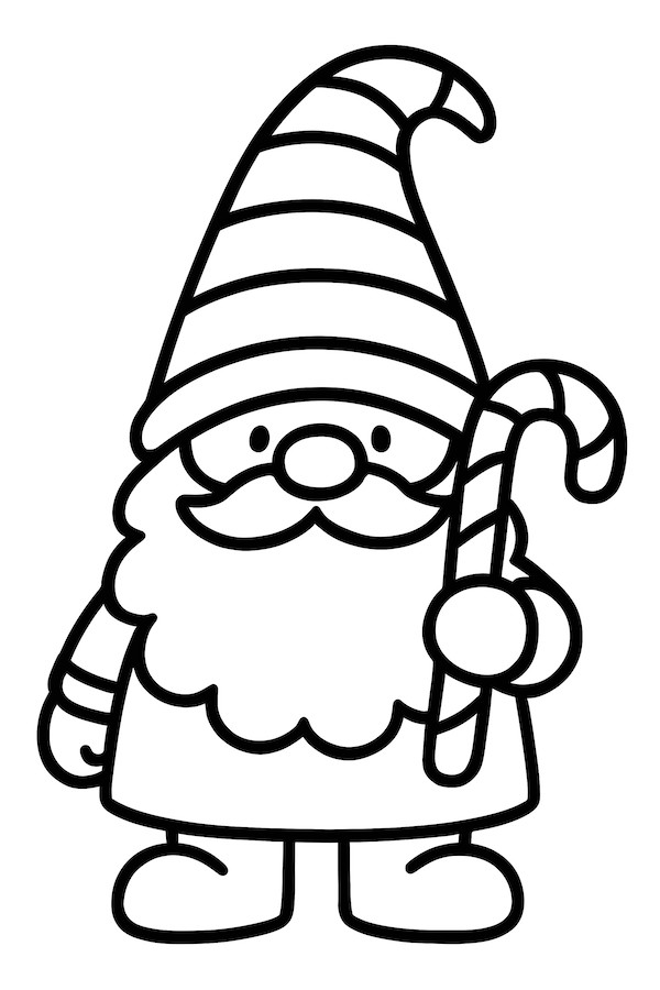 Gnome with a bushy beard wearing a striped hat and holding a candy cane