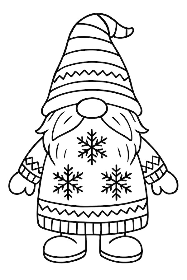 Coloring page of a gnome wearing a striped hat and a Christmas sweater with snowflake patterns