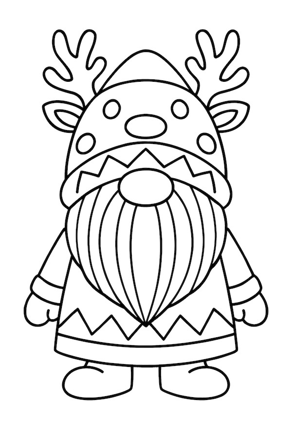 Gnome wearing a reindeer-themed hat with antlers and a bushy beard, featuring a large nose and zigzag patterns on clothing