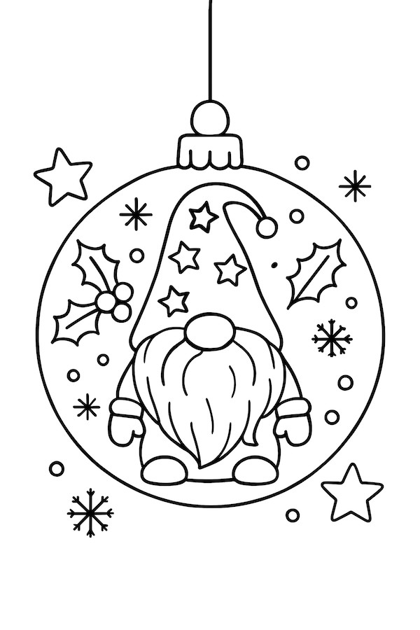 Coloring page of a gnome ornament featuring stars, snowflakes, and holly leaves