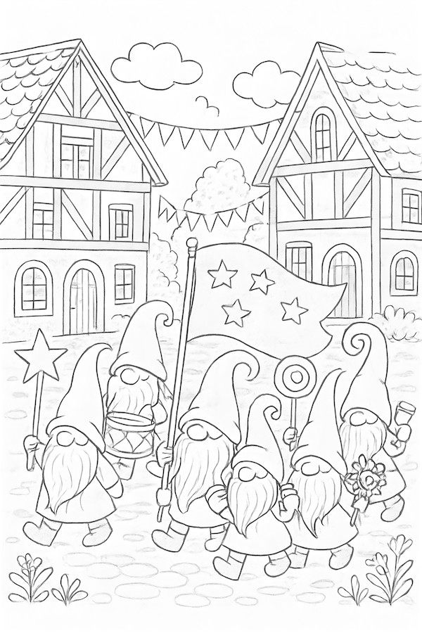 Illustration of a festive parade featuring gnomes holding a flag, a star, and other props, marching through a village street with charming houses.