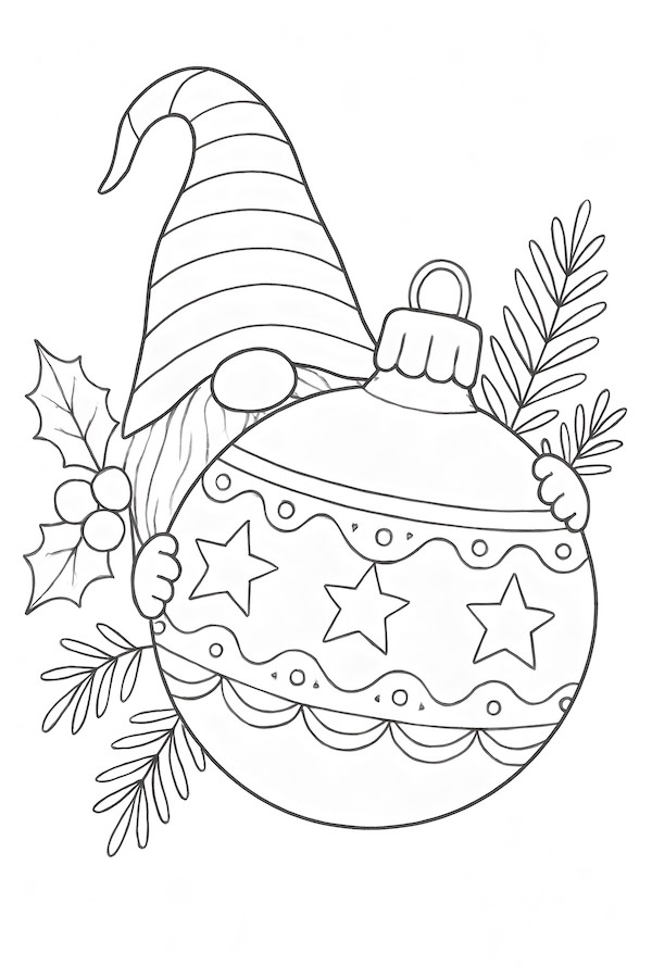 Coloring page of a gnome with a striped hat peeking from behind a large, decorated Christmas ornament surrounded by holly and pine leaves