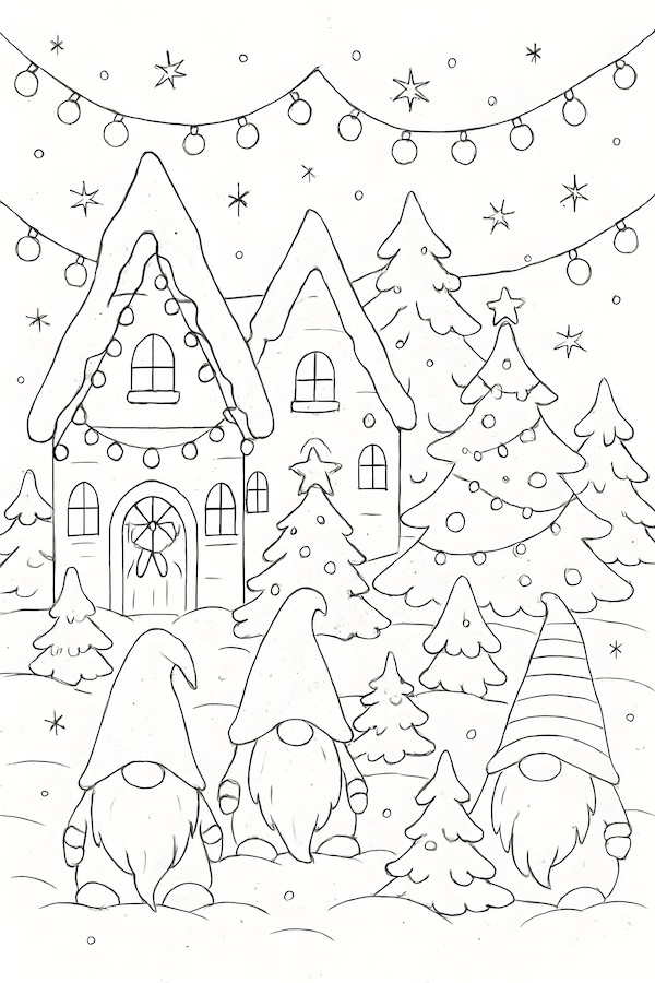 Coloring page of a gnome village featuring three gnomes, a snow-covered house, and decorated Christmas trees with lights