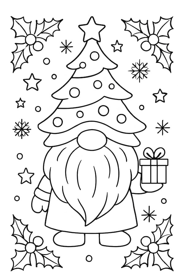 Gnome wearing a Christmas tree hat adorned with ornaments, holding a gift, surrounded by snowflakes and holly leaves